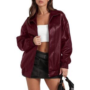 Women Red Faux Leather Oversized Motorcycle Bomber Jacket Fall Fashion